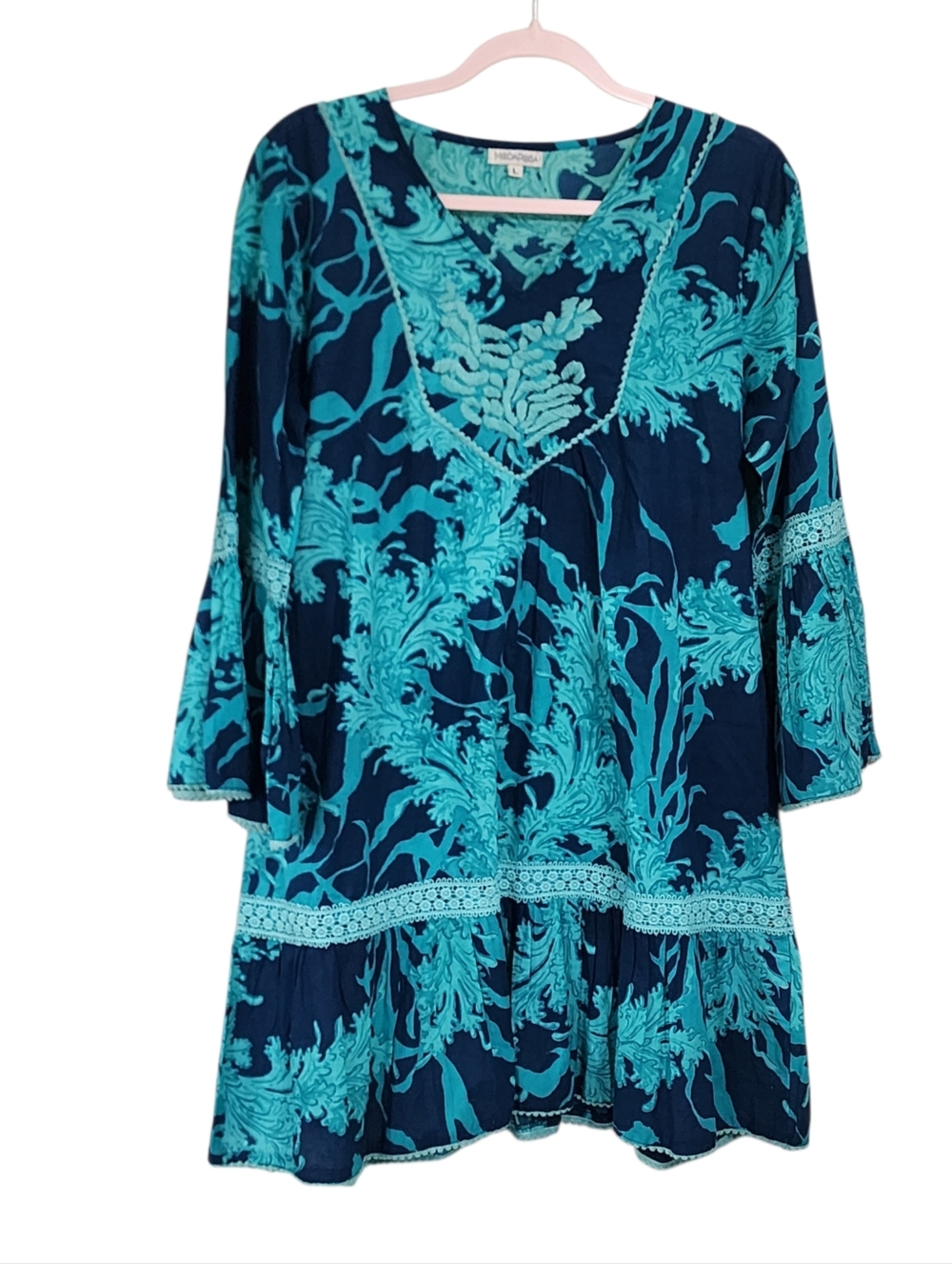 Moda Posa Dress L Blue Aqua Floral Cotton Flare Sleeve Embroidered Resort
